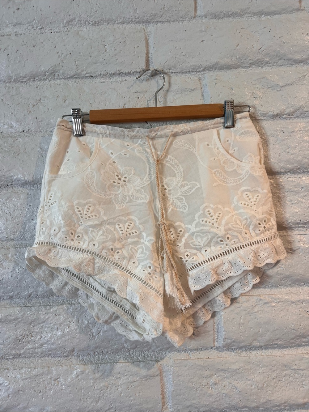 Spell Cream Eyelet Lace Embroidered Shorts with Tassel